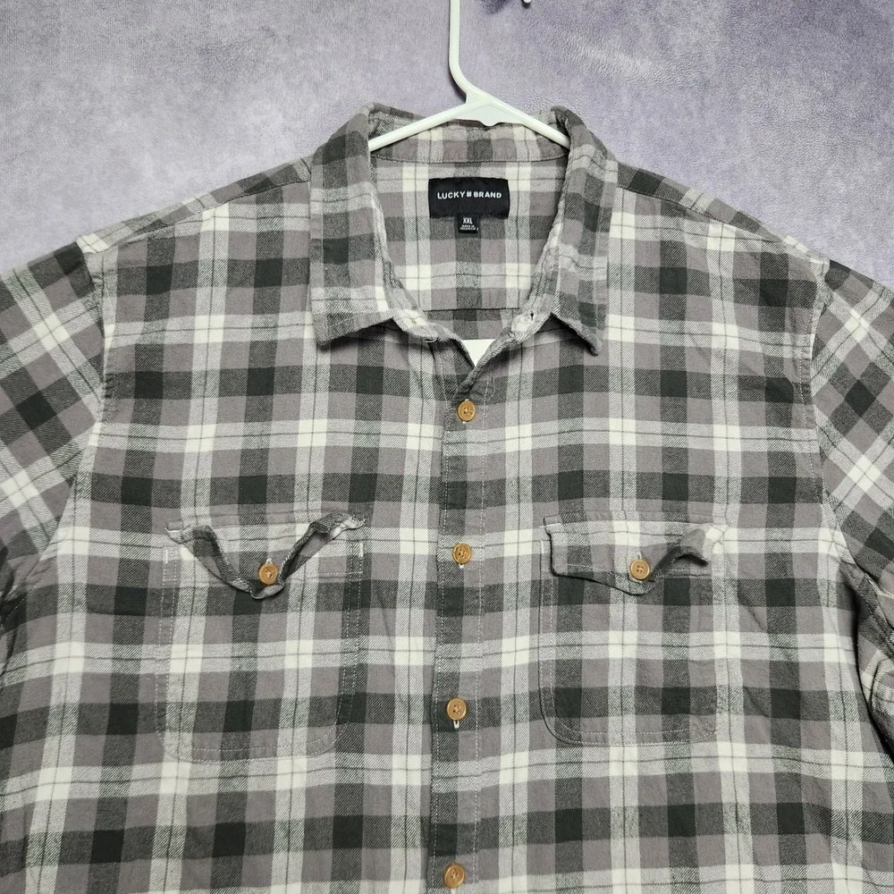 Lucky Brand Mens XXL Gray Plaid Flannel Button Down Shirt Cotton Long Sleeve